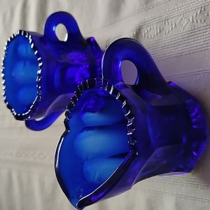 Cobalt blue glass sawtooth rim sugar bowl and creamer
